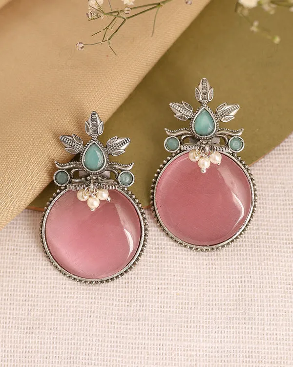 Pink_Turquoise_Stone_Silver_Tone_Brass_Drop_Earrings_For_Women