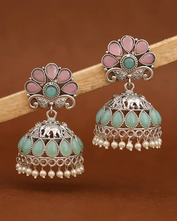 Turquoise_Pink_Stone_Silver_Tone_Jhumka_Dangler_Earrings_For_Women