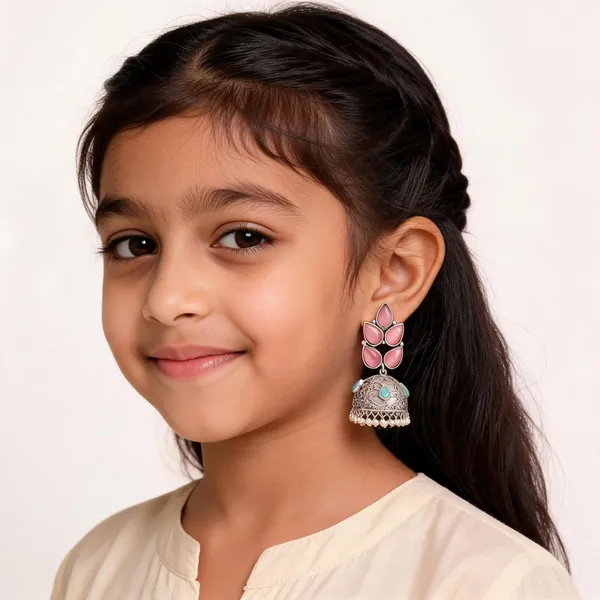 Silver_Pink_Stone_Studded_Jhumka_Earrings_For_Girls_And_Women