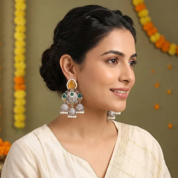 Yellow_Green_Stone_Silver_Oxidised_Brass_Jhumka_Earrings_For_Women