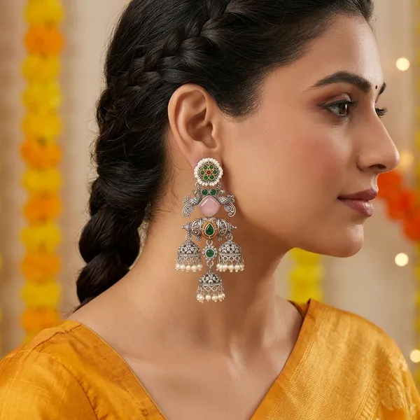 Silver_Oxidised_Multicolour_Stone_Jhumka_Earrings_For_Women