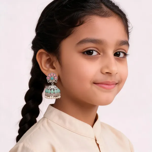 Turquoise_Pink_Stone_Silver_Tone_Jhumka_Dangler_Earrings_For_Girls_And_Women