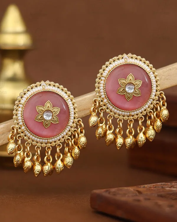 Gold_Pink_Floral_Drop_Stud_Earrings_For_Women