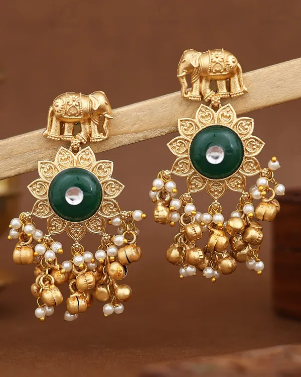 Dark_Green_Stone_Gold_Tone_Elephant_Brass_Jhumka_Earrings_For_Women