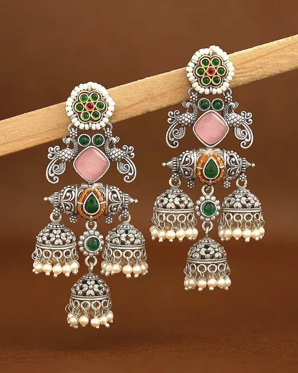 Silver_Oxidised_Multicolour_Stone_Jhumka_Earrings_For_Women