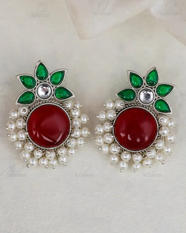 Red_Green_Stone_Pearl_Brass_Stud_Earrings_For_Women