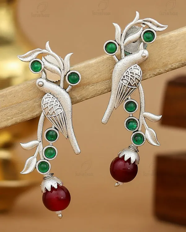 Red_Green_Stone_Silver_Tone_Bird_Motif_Brass_Drop_Earrings_For_Women