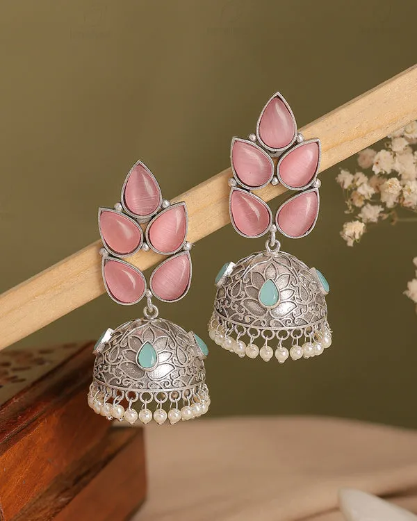 Silver_Pink_Stone_Studded_Jhumka_Earrings_For_Women