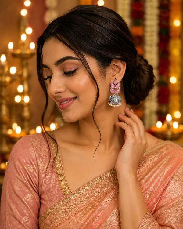 Silver_Pink_Stone_Studded_Jhumka_Earrings_For_Women