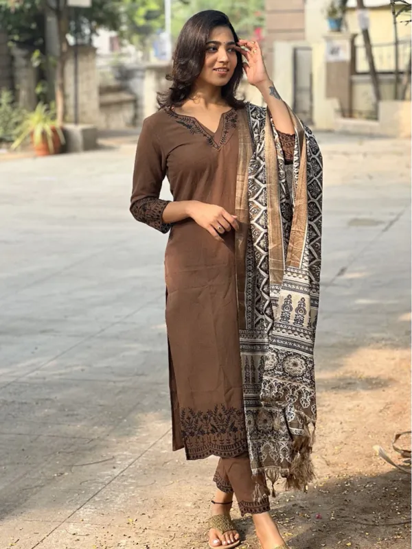 Brown_Cotton_Ethnic_Suit_Set_With_Printed_Dupatta_For_Women