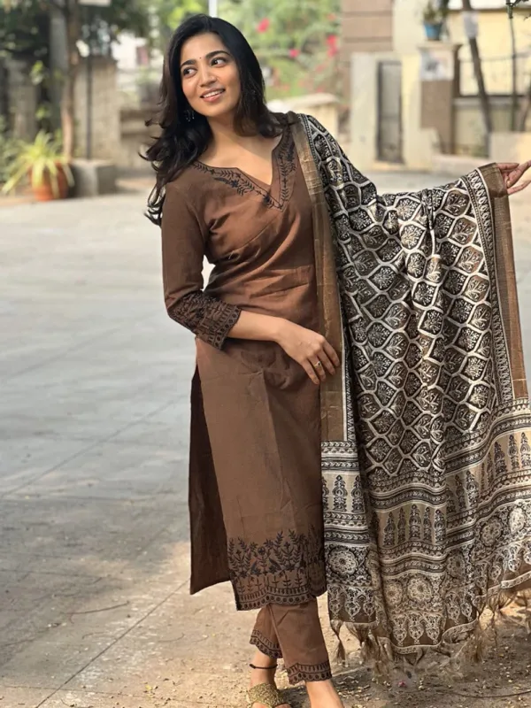 Brown_Cotton_Ethnic_Suit_Set_With_Printed_Dupatta_For_Women