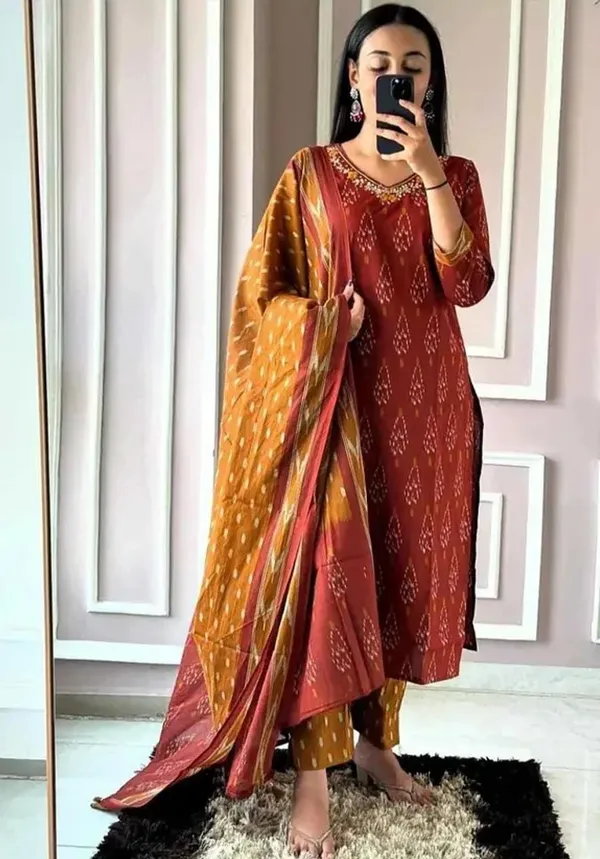 Maroon_Cotton_Ikat_Printed_Kurta_Pant_Dupatta_Set_For_Women