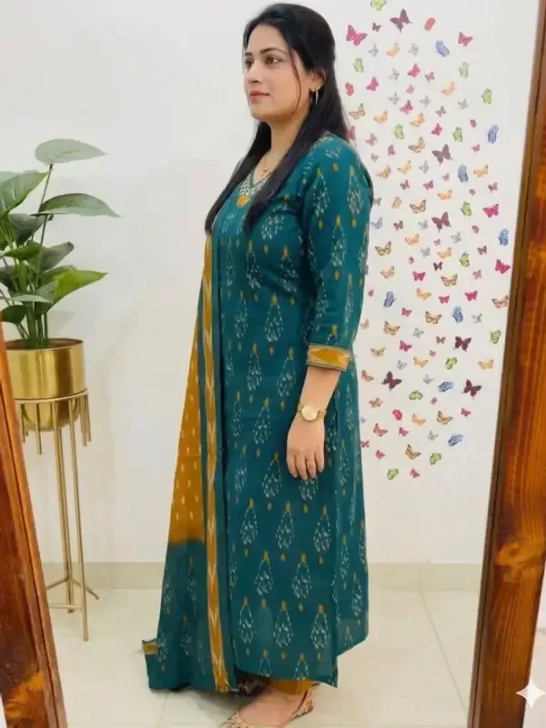 Teal_Cotton_Ajrak_Ikat_Printed_Kurta_Pant_Dupatta_Set_For_Women