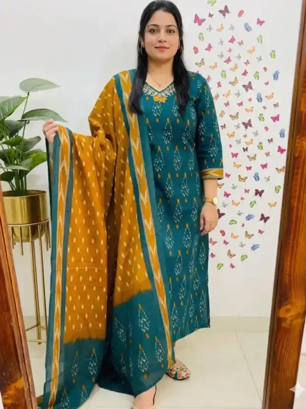 Teal_Cotton_Ajrak_Ikat_Printed_Kurta_Pant_Dupatta_Set_For_Women