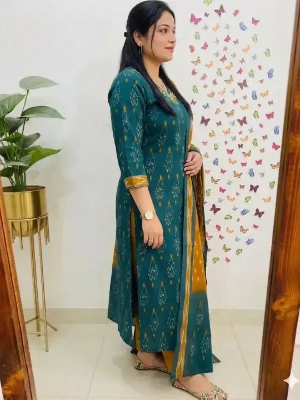 Teal_Cotton_Ajrak_Ikat_Printed_Kurta_Pant_Dupatta_Set_For_Women