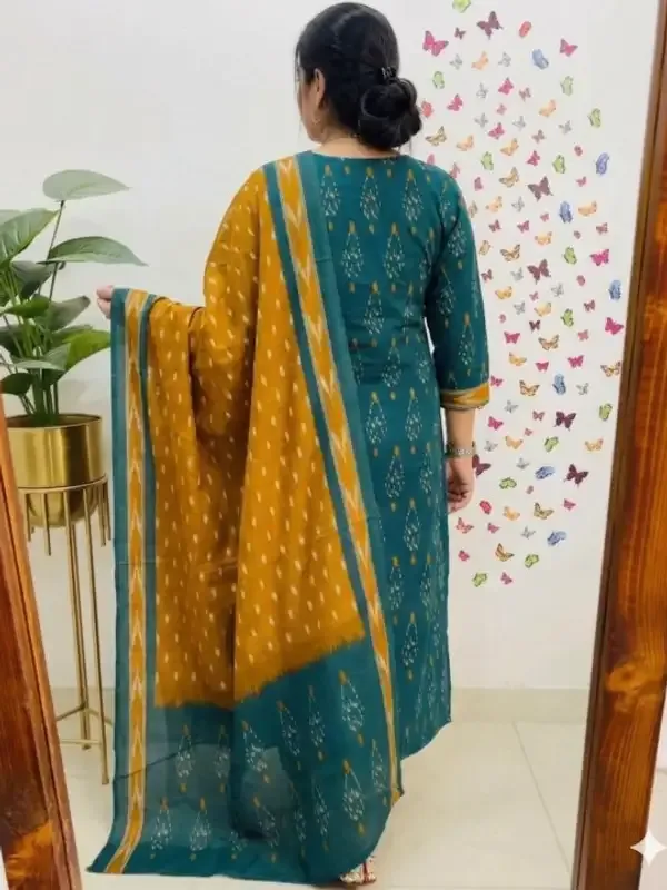 Teal_Cotton_Ajrak_Ikat_Printed_Kurta_Pant_Dupatta_Set_For_Women