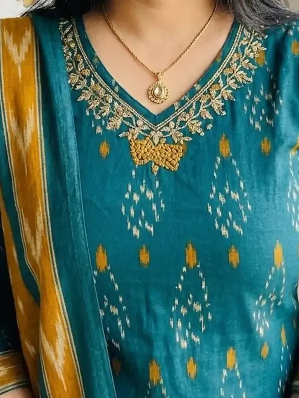 Teal_Cotton_Ajrak_Ikat_Printed_Kurta_Pant_Dupatta_Set_For_Women