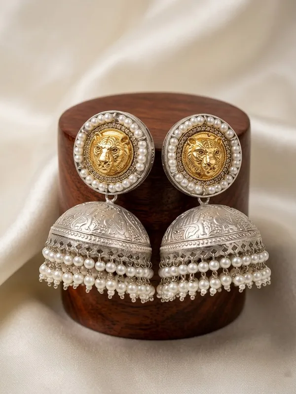 Sinhani_925_Silver_Plated_Lion_Motif_Pearl_Jhumka_Earrings