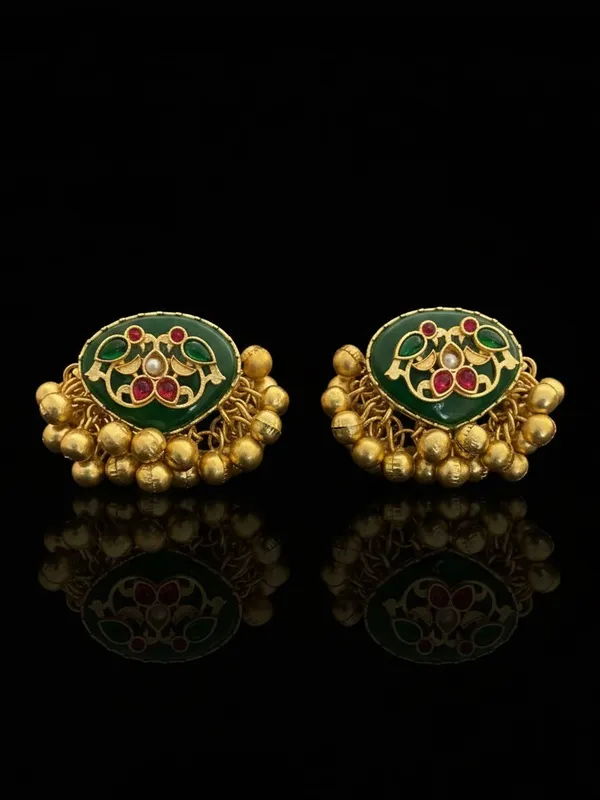 Maahita_Green_Monalisa_Stone_Ghungroo_Gold_Plated_Stud_Earring_Gold