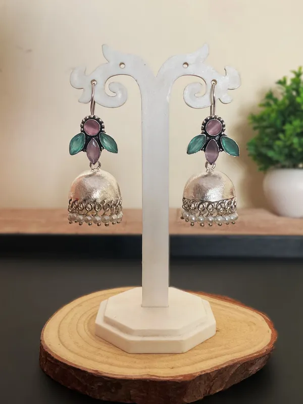 Mohati_Jaipur_Siyona_925_Silver_Plated_Mint_Pink_Stone_Pearl_Jhumka_Earrings