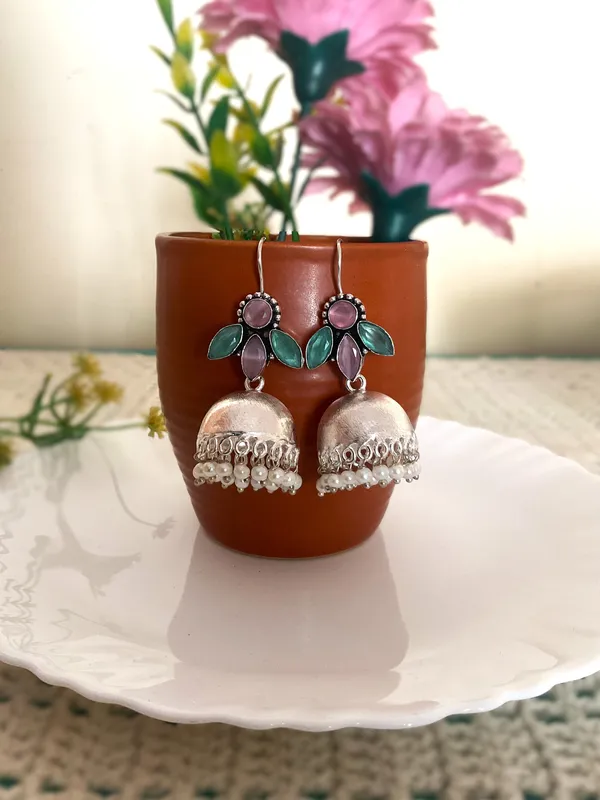 Mohati_Jaipur_Siyona_925_Silver_Plated_Mint_Pink_Stone_Pearl_Jhumka_Earrings
