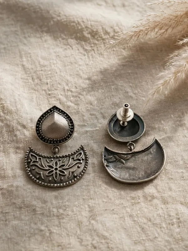 Noor_-_Half_Moon_Oxidized_Silver_Earrings_|_Vintage_Floral_Danglers_by_Mohati