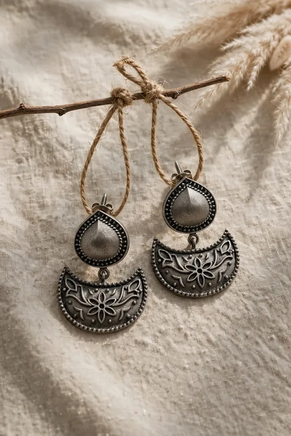 Noor_-_Half_Moon_Oxidized_Silver_Earrings_|_Vintage_Floral_Danglers_by_Mohati