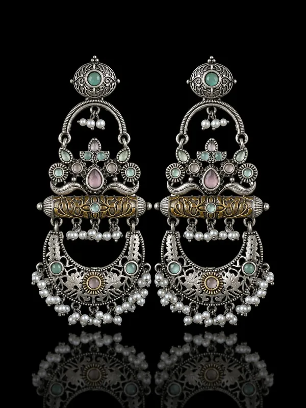 Kabini_Dual_Tone_Pink-Mint_Silver_Long_Chandbali_Earrings