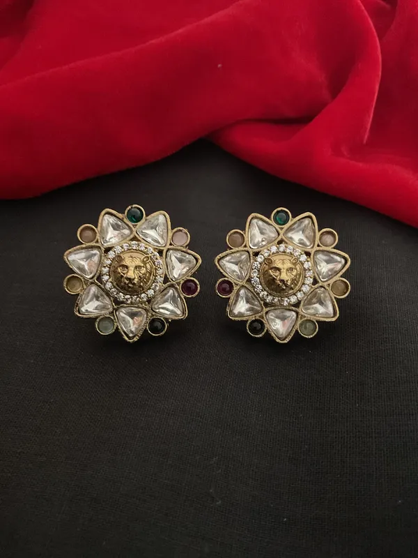 Udhaya_Navratna_Gold-Plated_Polki_&_Multi-Stone_Oversized_Stud_Earrings