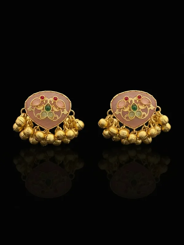 Maahita_Pink_Monalisa_Stone_Ghungroo_Gold_Plated_Stud_Earring