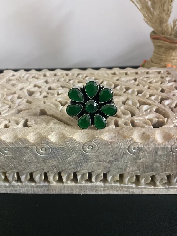 Nandini_Flower_Silver_Plated_Green_Ring