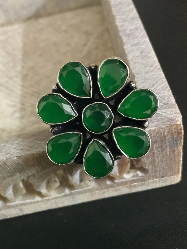 Nandini_Flower_Silver_Plated_Green_Ring