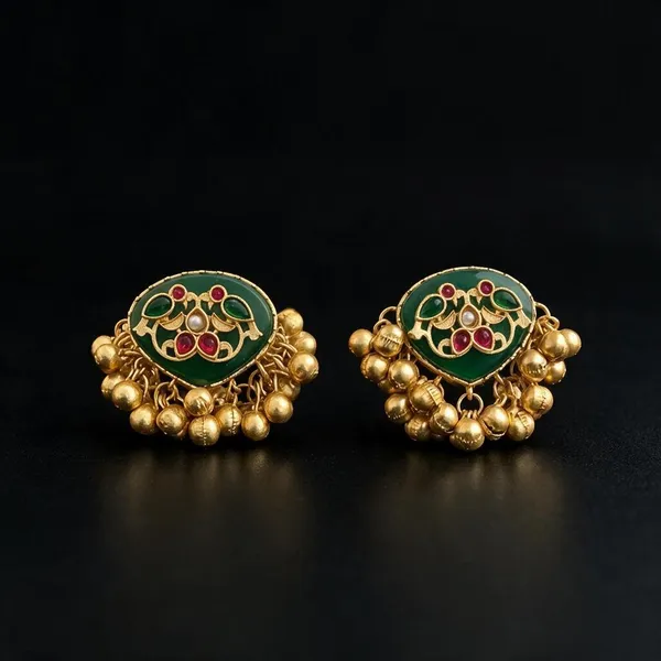 Maahita_Green_Monalisa_Stone_Ghungroo_Gold_Plated_Stud_Earring_Gold