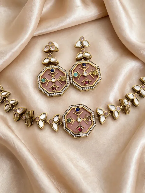 Subarna_Gold-Toned_Multicolour_Sleek_Choker_Necklace_Set