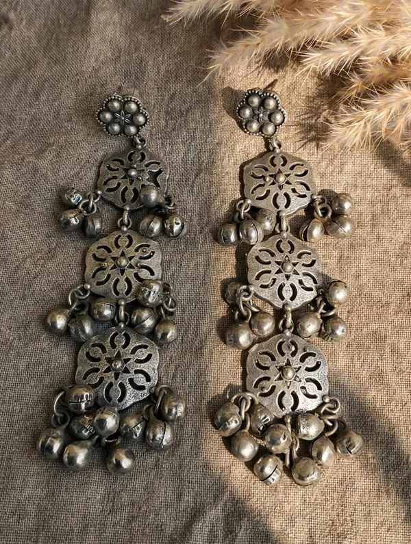 Mohati_Mitali_3_Layer_Silver_Plated_Ghungroo_Long_Earrings
