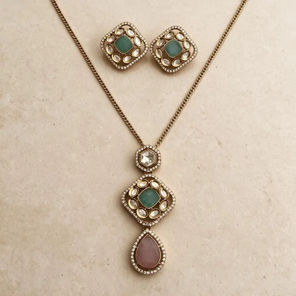 Pratyaksha_Apala_Microplated_Mint_Pink_Polki_Pendant_Chain_With_Studs