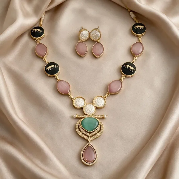 Baahula_Pink_&_Mint_Gold_Plated_Necklace_Set
