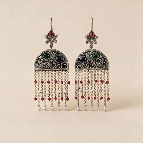 Jashnn_Silver-Plated_Multicolour_Stone-Studded_Textured_Dangler_Earrings