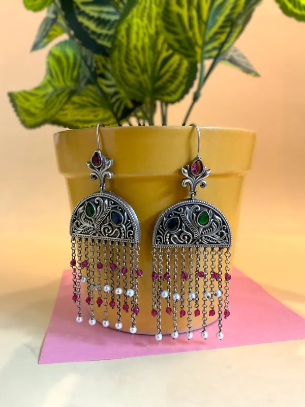 Jashnn_Silver-Plated_Multicolour_Stone-Studded_Textured_Dangler_Earrings