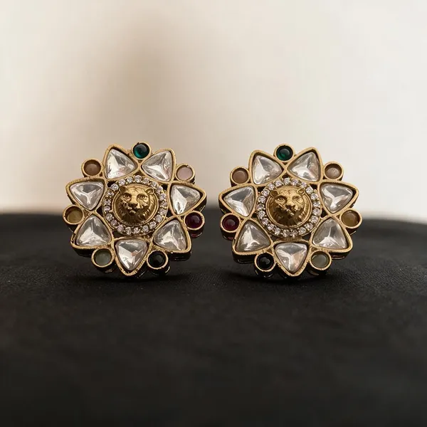 Udhaya_Navratna_Gold-Plated_Polki_&_Multi-Stone_Oversized_Stud_Earrings