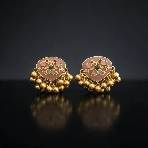 Maahita_Pink_Monalisa_Stone_Ghungroo_Gold_Plated_Stud_Earring