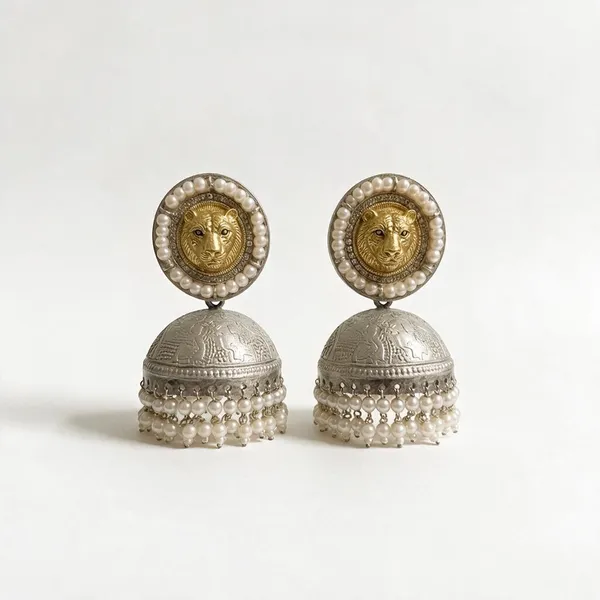 Sinhani_925_Silver_Plated_Lion_Motif_Pearl_Jhumka_Earrings
