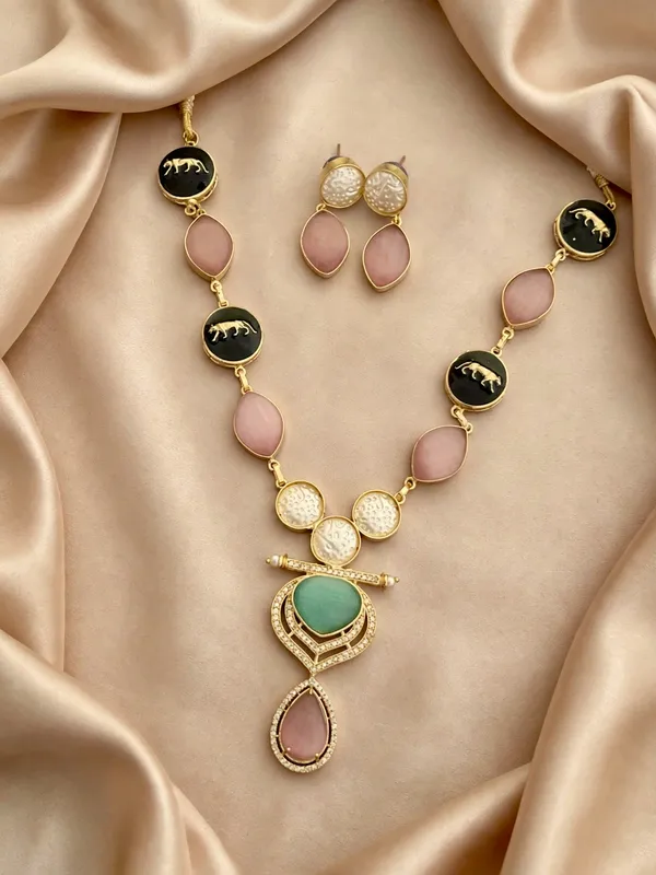 Baahula_Pink_&_Mint_Gold_Plated_Necklace_Set