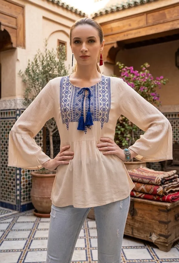Ivory_Rayon_Embroidered_3/4_Sleeve_Top_For_Women