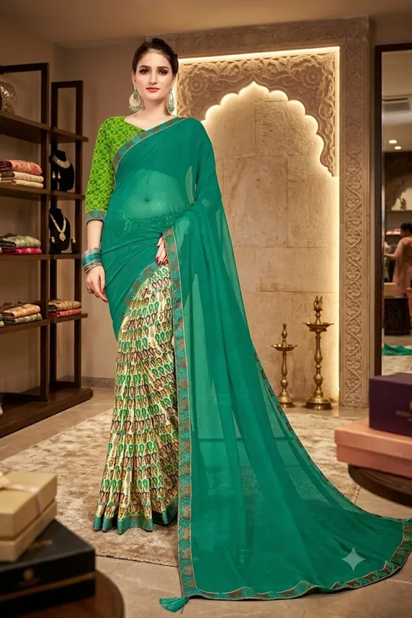 Teal_Georgette_Printed_Saree_For_Women