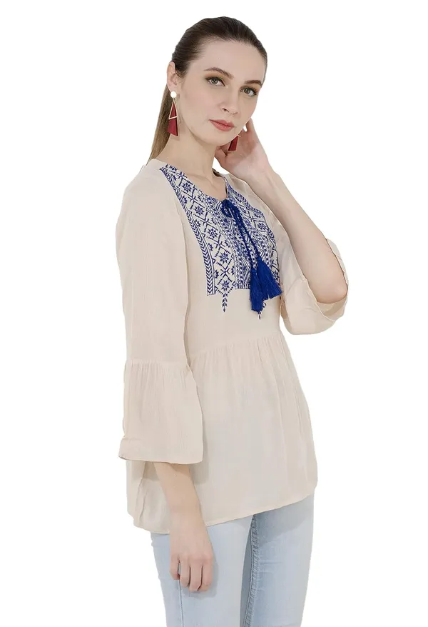 Ivory_Rayon_Embroidered_3/4_Sleeve_Top_For_Women