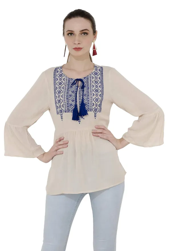 Ivory_Rayon_Embroidered_3/4_Sleeve_Top_For_Women