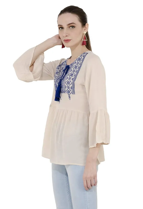 Ivory_Rayon_Embroidered_3/4_Sleeve_Top_For_Women