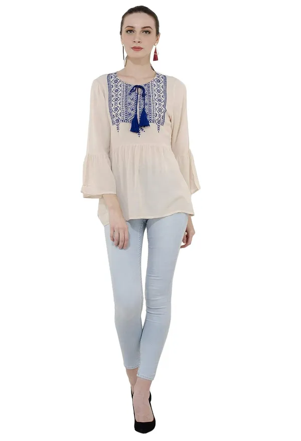 Ivory_Rayon_Embroidered_3/4_Sleeve_Top_For_Women
