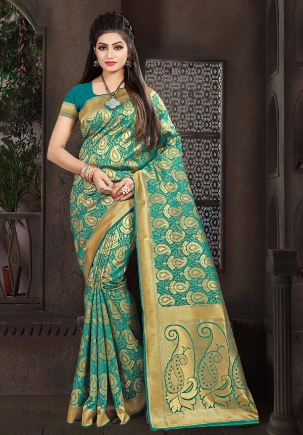 Teal_Banarasi_Silk_Saree_With_Blouse_Piece_For_Women